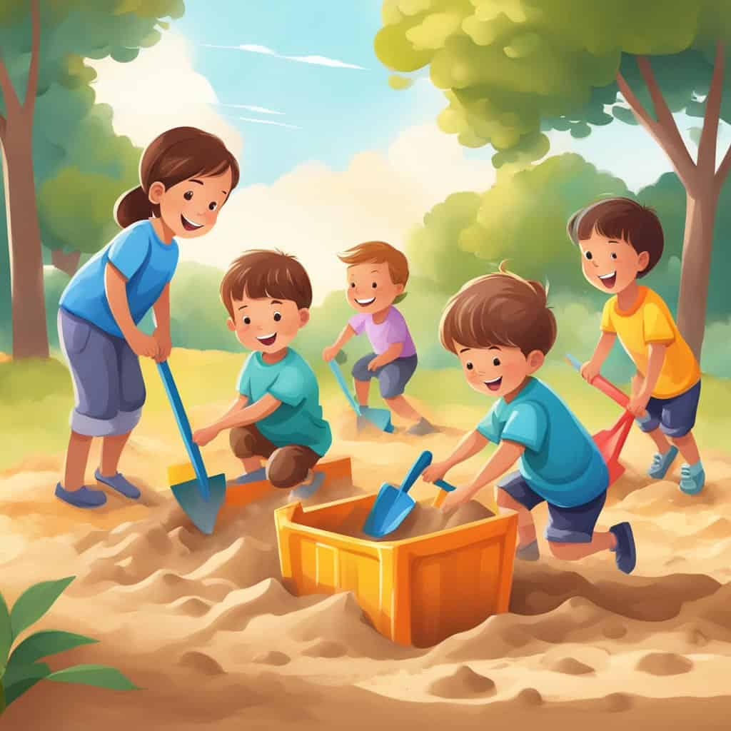 a group of kids digging in the sand