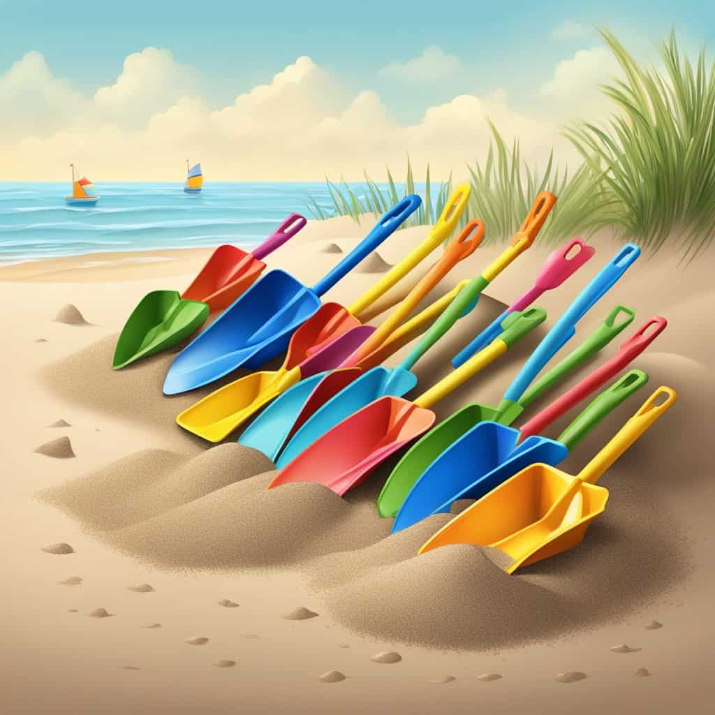 a group of colorful shovels on sand