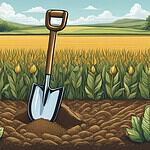 Shovel in fertile field, symbolizing growth.