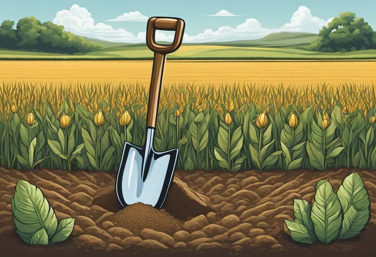 Shovel in fertile field, symbolizing growth.