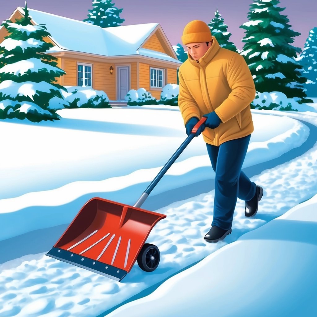 a man in a yellow jacket shoveling snow