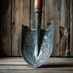 Ornate shovel against wooden background.