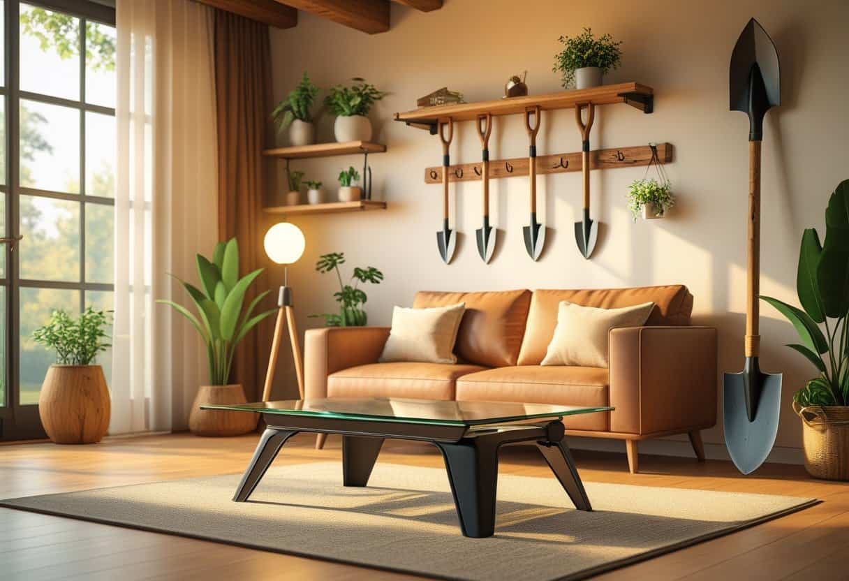 A cozy living room with furniture and decorations inspired by shovels, including a coffee table, floor lamp, wall hooks, and a coat rack.