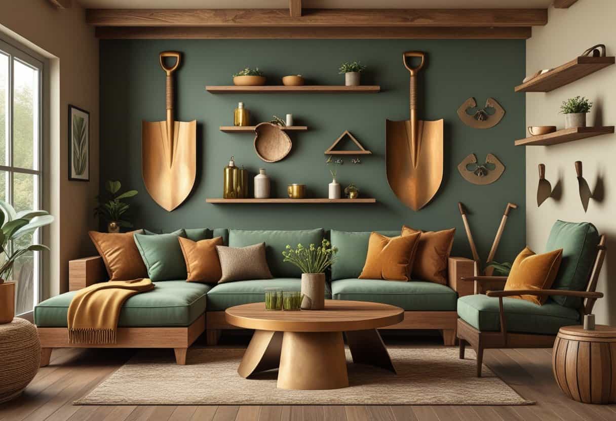 A cozy living room decorated with shovel-shaped wall art, shelves, and furniture elements inspired by shovels.