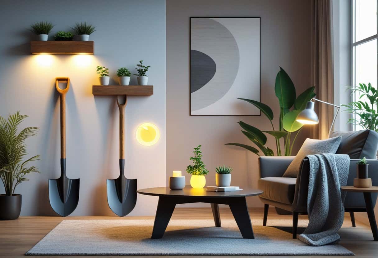 A cozy living room featuring shovel-inspired home décor items like a wall shelf shaped like a shovel, a shovel-shaped floor lamp, and shovel-themed accents on furniture, surrounded by plants and soft natural light.