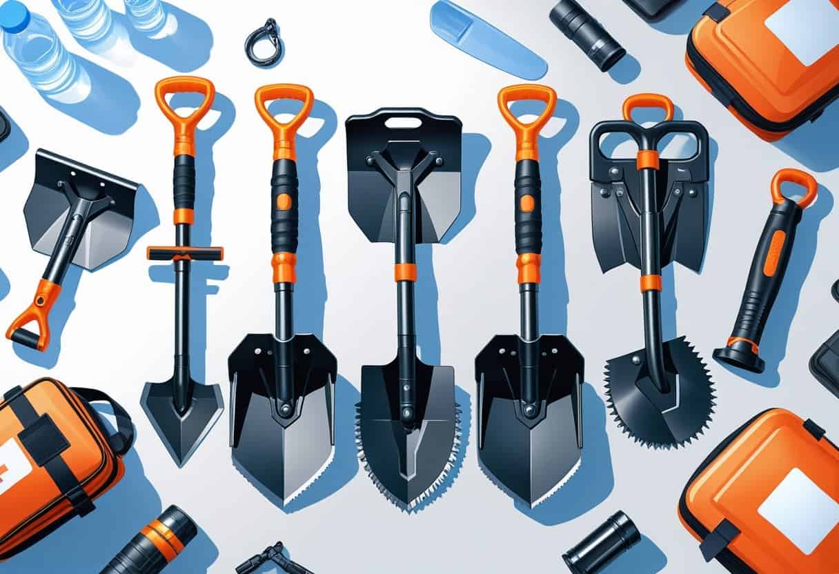 Various compact and foldable shovels arranged with emergency supplies like a first aid kit and flashlight.