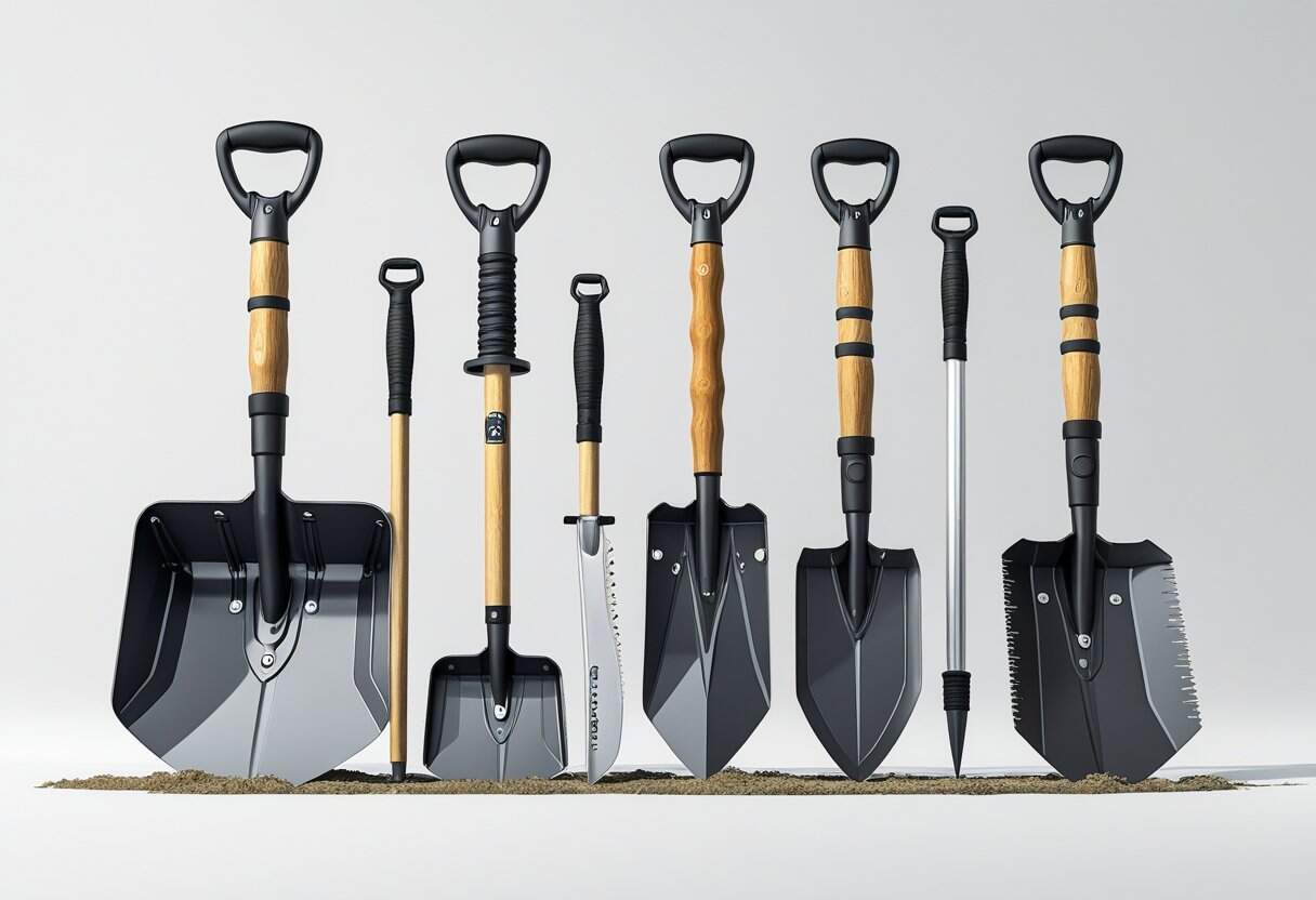 Several different types of shovels arranged on a plain background, including folding, full-sized, aluminum, and multi-tool shovels for emergency kits.