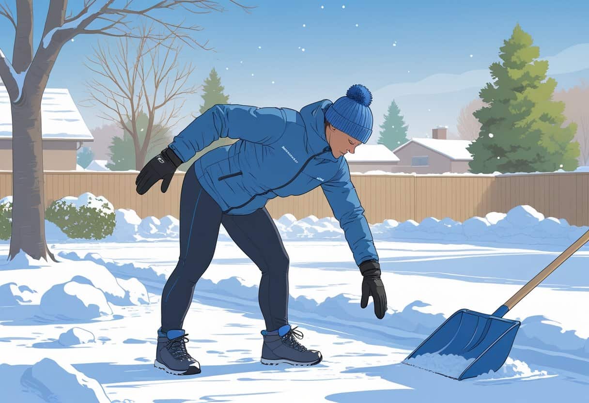 A person outdoors on a snowy day doing warm-up stretches before shoveling snow, with a snow shovel resting nearby and a snow-covered yard in the background.
