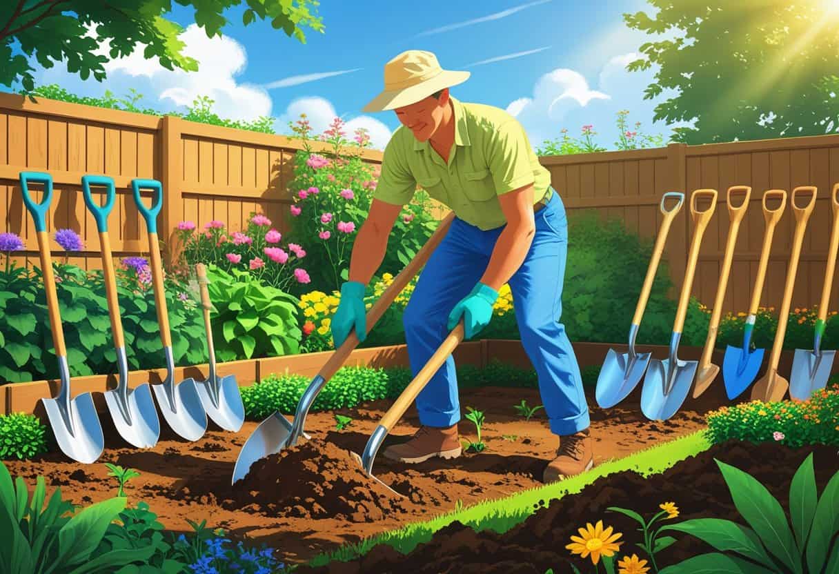 A gardener digging soil with a shovel in a sunny garden filled with green plants and colorful flowers.
