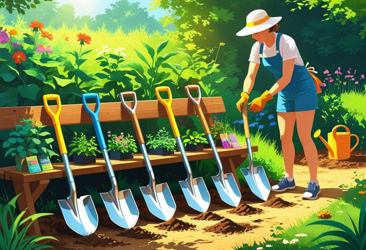 A gardener selecting a shovel from several types arranged on a bench in a vibrant summer garden with plants and flowers.