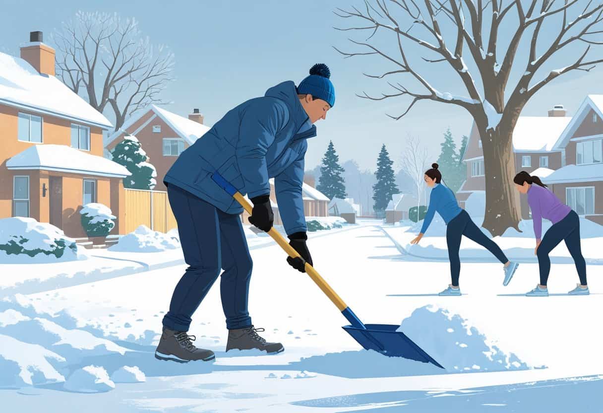 A person shoveling snow with proper posture in a snowy neighborhood, with another person nearby doing back stretching exercises.