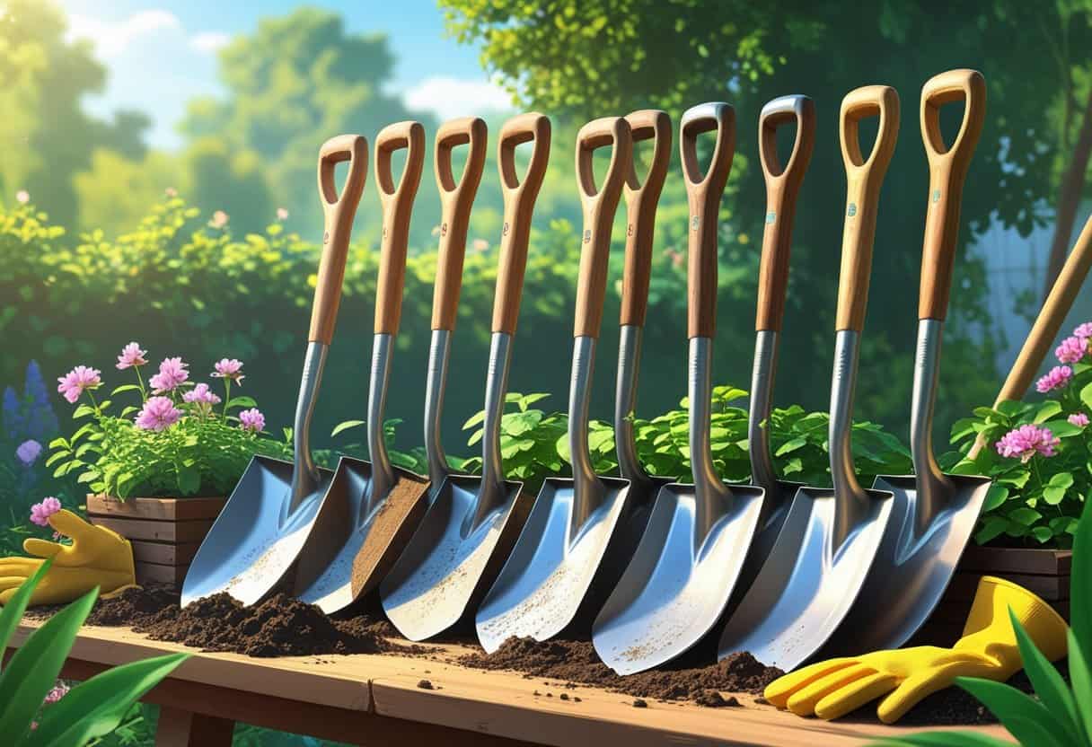 Various garden shovels with ergonomic handles and metal blades displayed on a wooden table surrounded by summer plants and gardening tools in a garden setting.