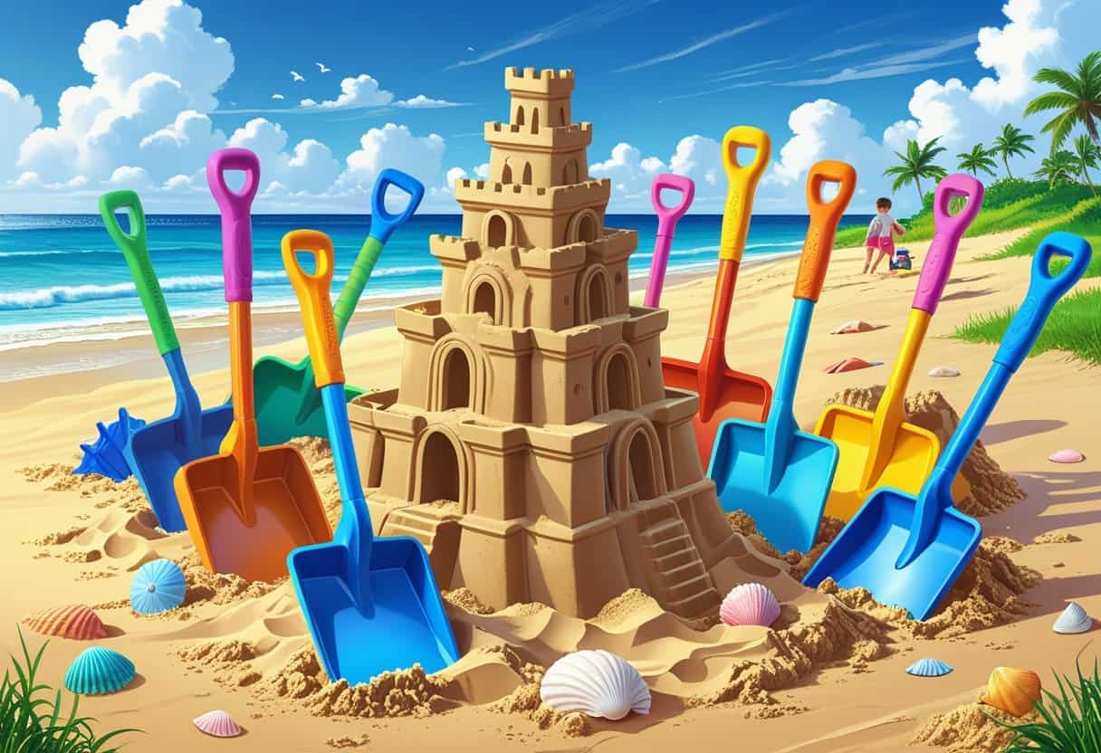 A beach scene with people using colorful shovels to dig and build detailed sandcastles on golden sand near the ocean.