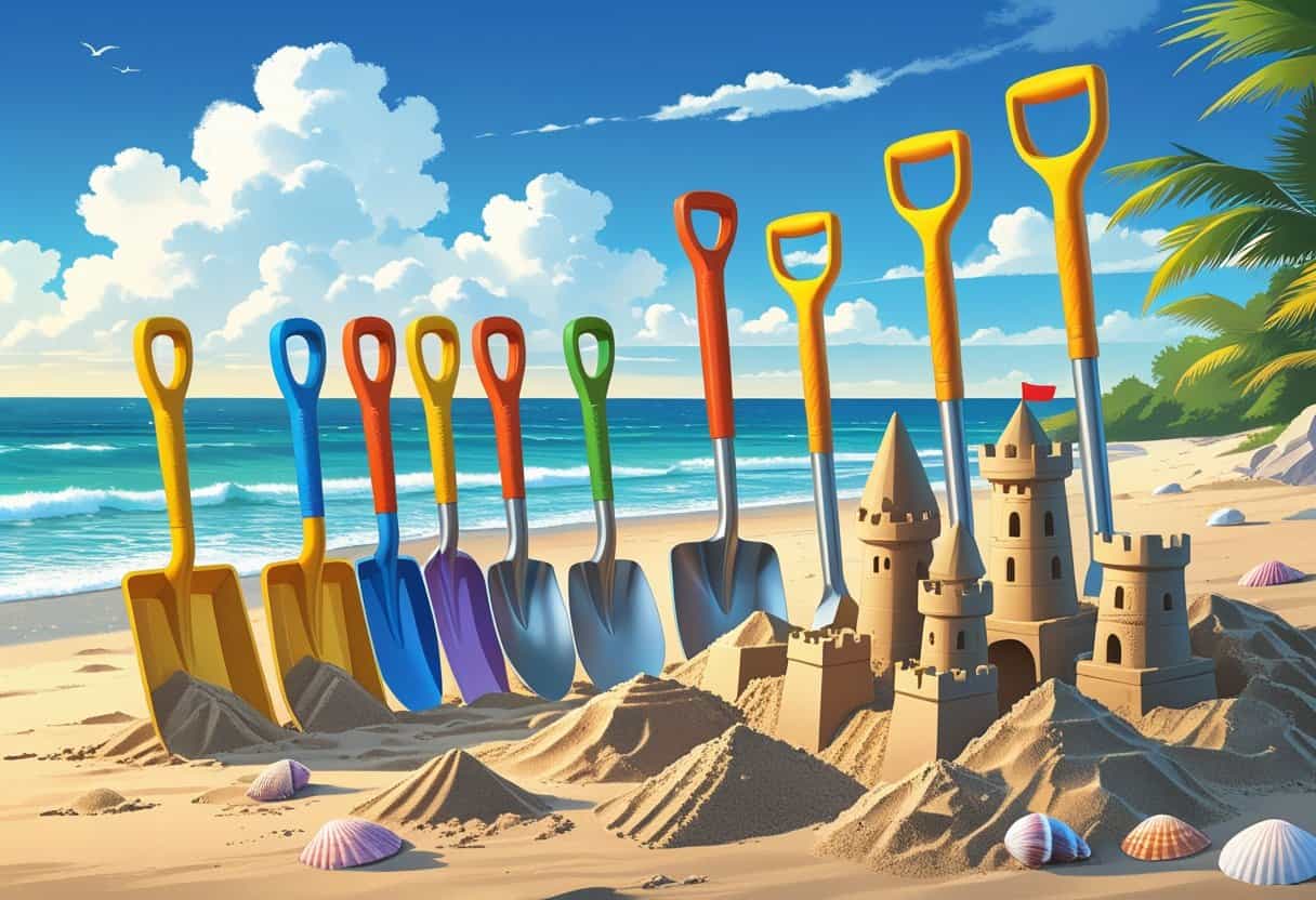 Various beach shovels arranged on sand near a partially built sandcastle by the ocean shore.