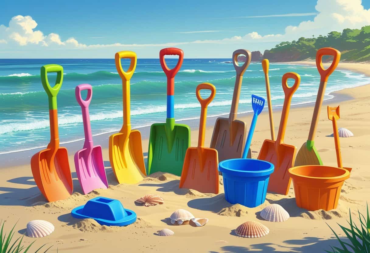 A collection of colorful beach shovels and toys arranged on sand near the ocean with waves and seashells.
