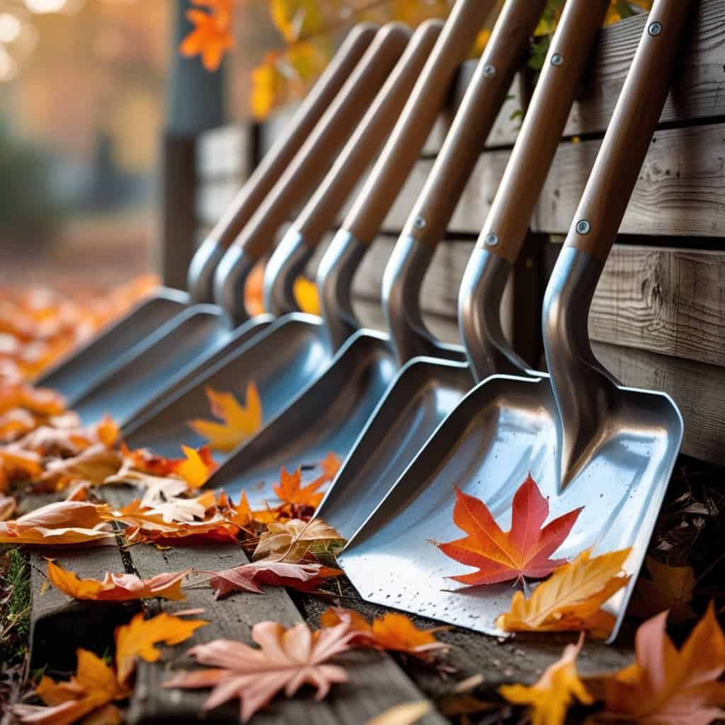 Shovels lined with colorful autumn leaves.