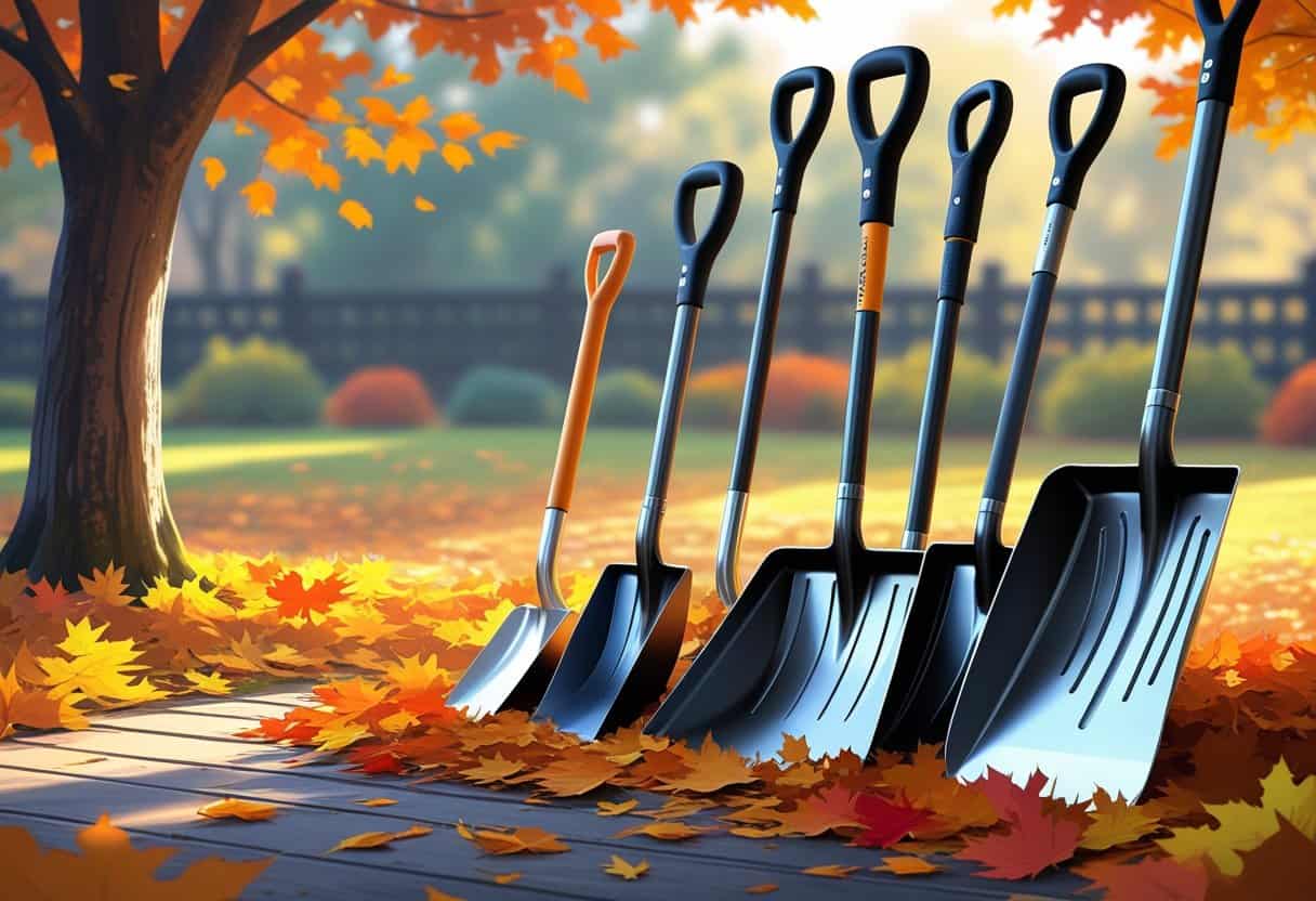 Several shovels arranged outdoors on a wooden surface surrounded by colorful autumn leaves with trees and fallen leaves in the background.