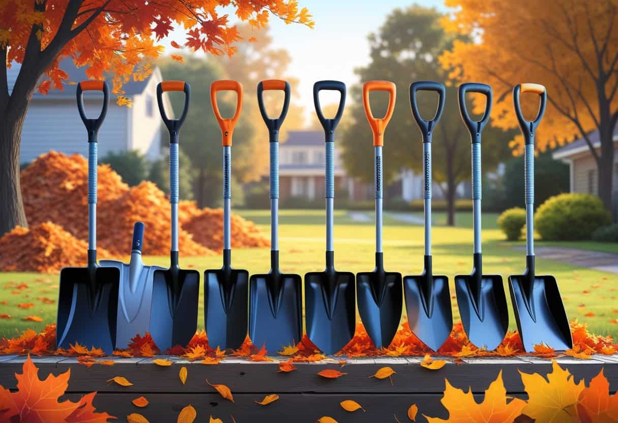 Several shovels with different blade shapes and handles arranged on a wooden surface covered with autumn leaves, with a yard and leaf piles in the background.