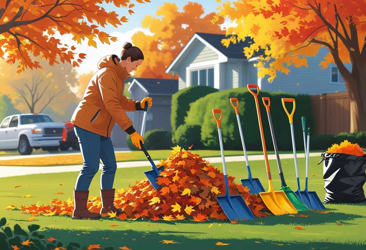 A person using a leaf shovel to gather fallen autumn leaves in a yard with trees and various leaf removal tools nearby.