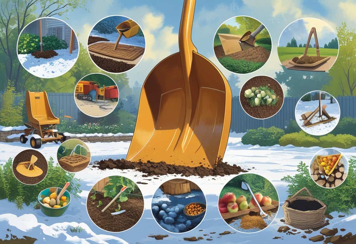 A central shovel surrounded by multiple scenes showing different clever uses like snow clearing, mixing cement, flipping pancakes, sledding, sitting, carrying firewood, paddling a boat, lifting objects, gardening, playing, rolling objects, painting with mud, feeding animals, collecting fruit, scraping ice, carrying vegetables, windmill blades, and an art sculpture.