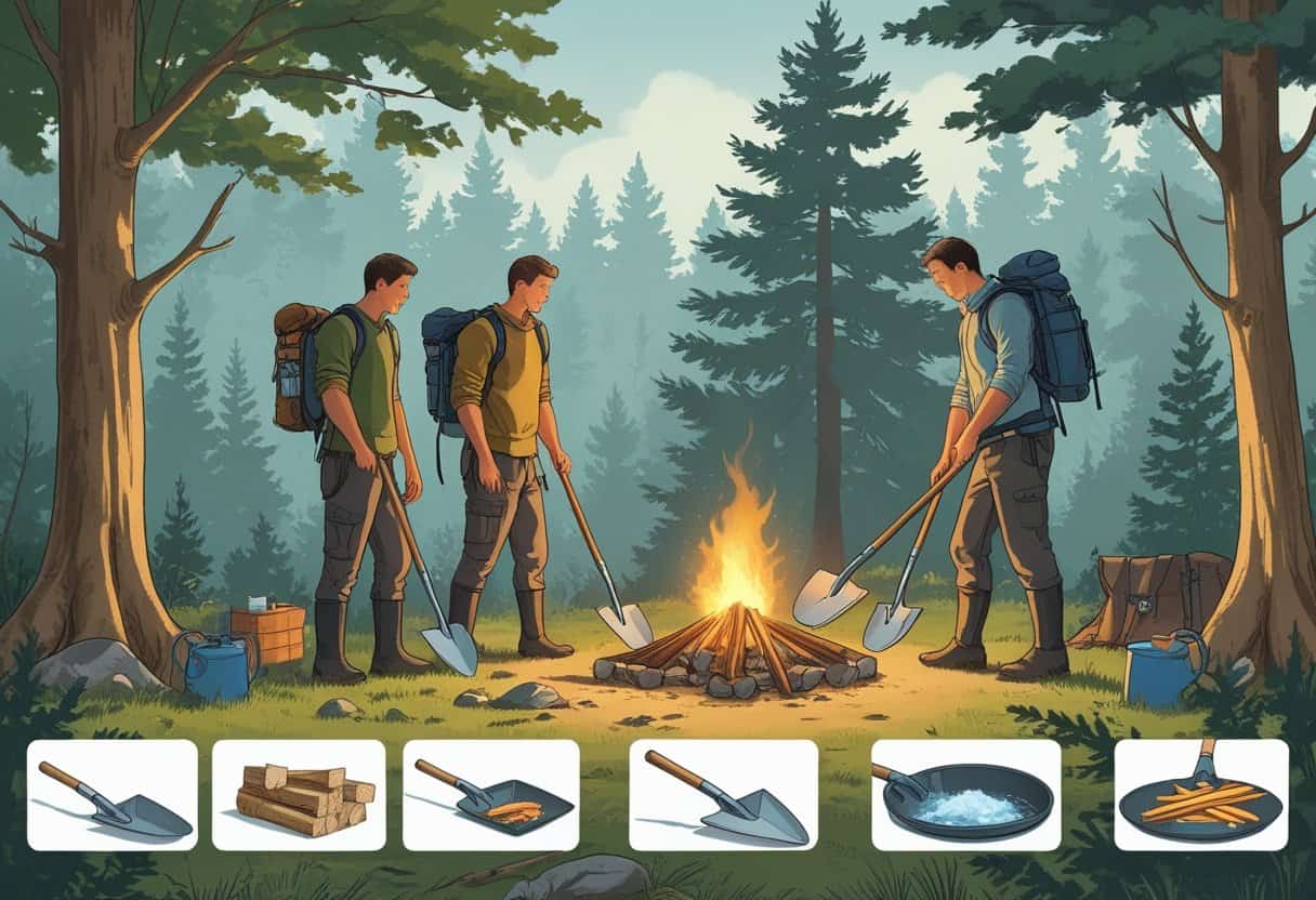 A person outdoors demonstrating multiple creative uses of a shovel for survival, including chopping wood, preparing food, building shelter, scooping water, and clearing debris in a forest campsite.