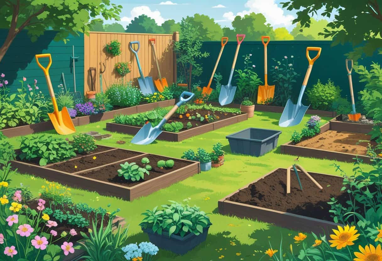 A backyard garden scene showing various creative ways to use a shovel for gardening tasks, with plants, flowers, a pond, and people using shovels in different inventive ways.