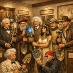 Historical figures holding unique shovels.