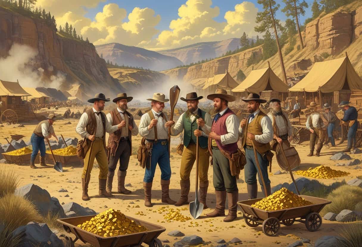 A group of Gold Rush era people examining and holding various shovels in a busy mining camp with tents, tools, and a river in the background.