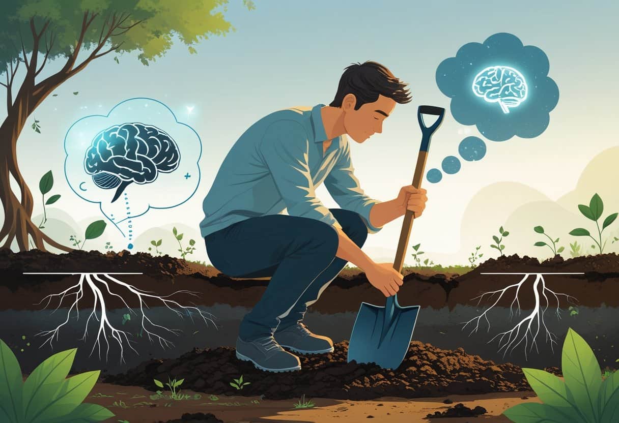 A person kneeling outdoors, holding a shovel and digging into the soil with symbolic roots and brain patterns beneath the ground.