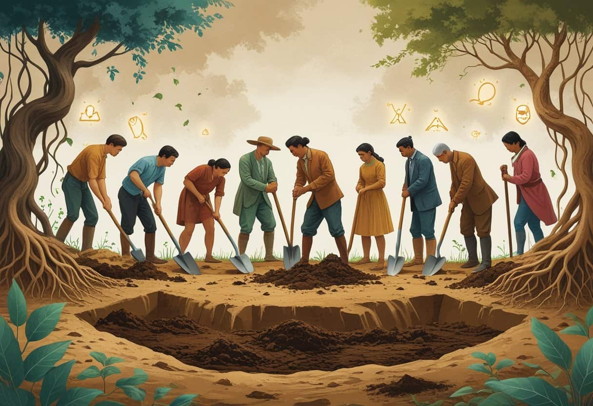 People from different cultures digging with shovels in a natural setting, with roots and small plants growing around them.