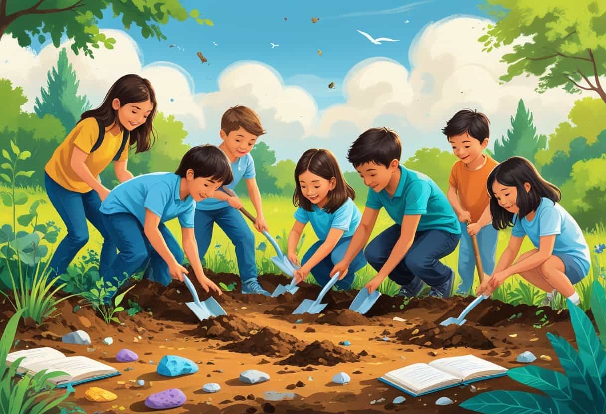 People of different ages digging with shovels outdoors, uncovering artifacts and exploring the soil with curiosity and joy.