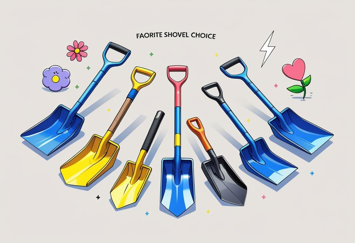 A variety of shovels arranged in a semi-circle with small icons symbolizing personality traits around them.