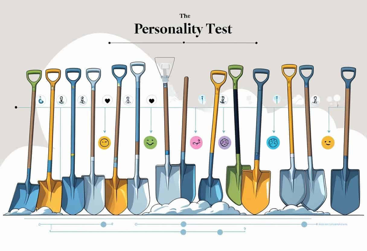 An illustration showing different types of shovels arranged with symbols representing various personality traits connected by lines.