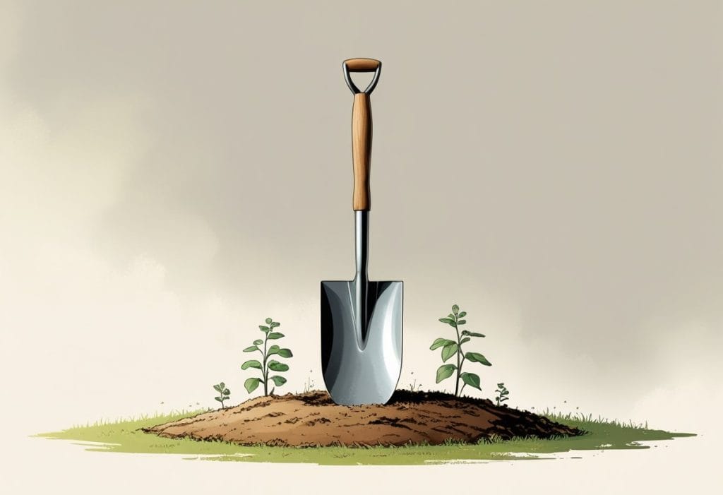 One shovel in soil with small plants.