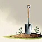 One shovel in soil with small plants.
