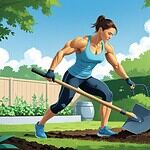 Muscular woman digging in garden