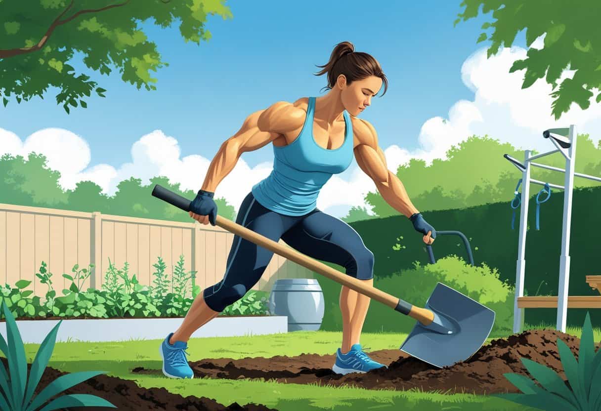 Muscular woman digging in garden