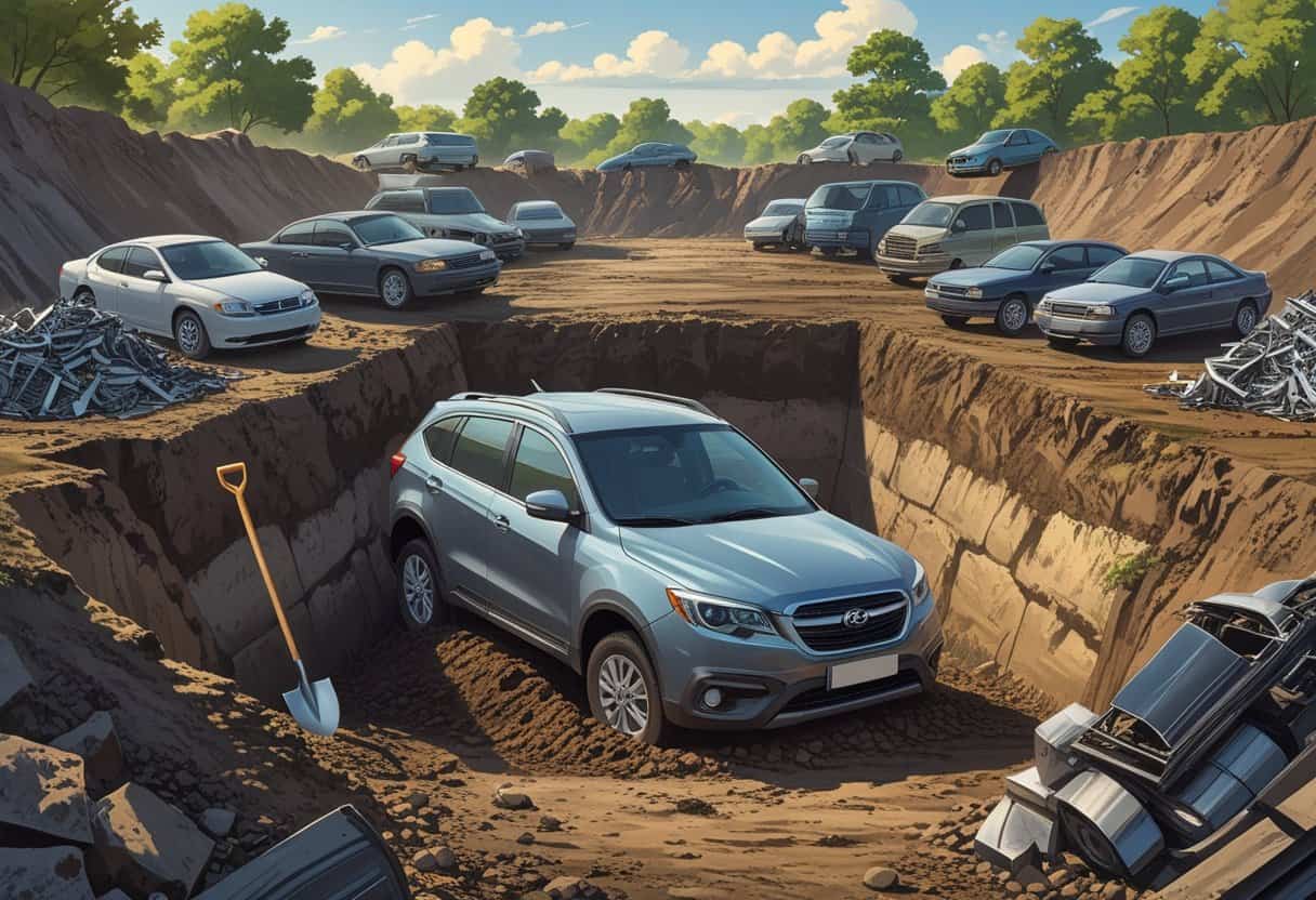 A scene showing a partially buried car in a hole with a shovel nearby, surrounded by areas representing recycling, scrapyard, and landfill car disposal methods.