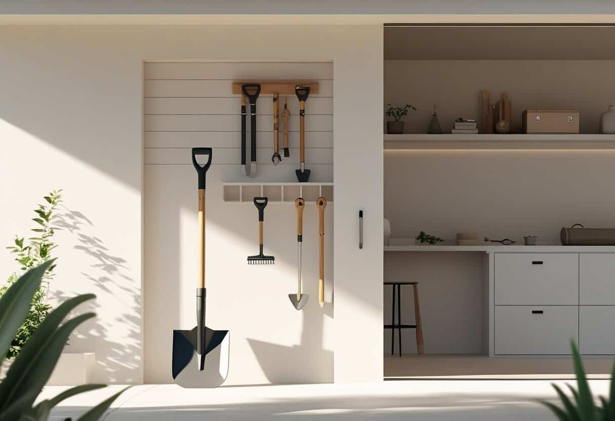 A tidy storage area showing a single shovel among a few essential tools in a neat, organized home environment.